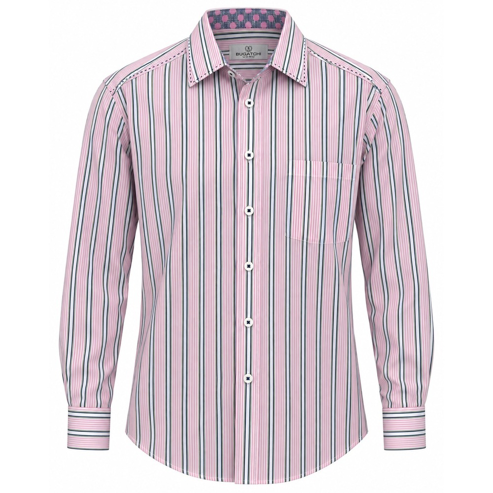 Bugatchi Uomo Pink White Striped Cotton Long Sleeve Button Down Shirt Mens Large